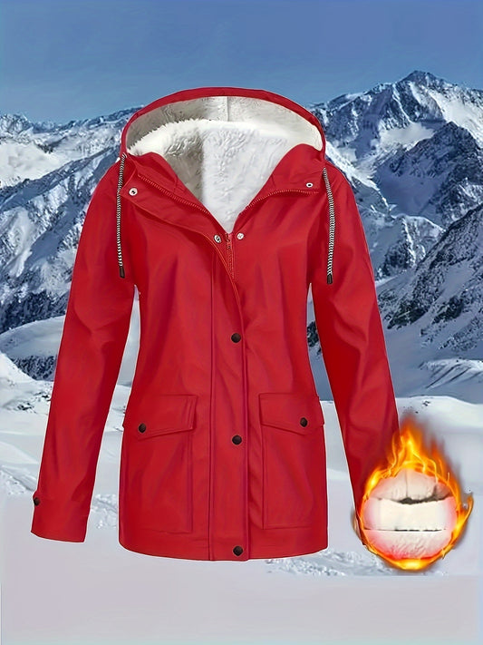 Comfortabele rode jas met rits en kap, met kunstbontenrand - Dames casual lange mouw, met trekkoord, zakken, warme buitenkleding voor herfst en winter, winterkleding|Zip-up hoodie|Comfortabele stofjas