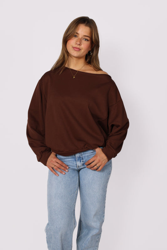LEAH OFF SHOULDER SWEATER - BROWN