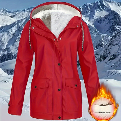 Comfortabele rode jas met rits en kap, met kunstbontenrand - Dames casual lange mouw, met trekkoord, zakken, warme buitenkleding voor herfst en winter, winterkleding|Zip-up hoodie|Comfortabele stofjas