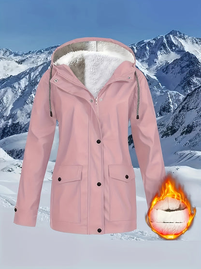 Comfortabele rode jas met rits en kap, met kunstbontenrand - Dames casual lange mouw, met trekkoord, zakken, warme buitenkleding voor herfst en winter, winterkleding|Zip-up hoodie|Comfortabele stofjas