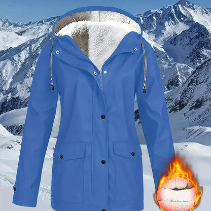 Comfortabele rode jas met rits en kap, met kunstbontenrand - Dames casual lange mouw, met trekkoord, zakken, warme buitenkleding voor herfst en winter, winterkleding|Zip-up hoodie|Comfortabele stofjas