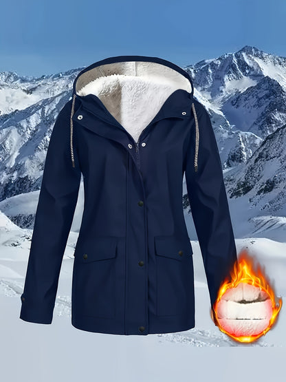 Comfortabele rode jas met rits en kap, met kunstbontenrand - Dames casual lange mouw, met trekkoord, zakken, warme buitenkleding voor herfst en winter, winterkleding|Zip-up hoodie|Comfortabele stofjas