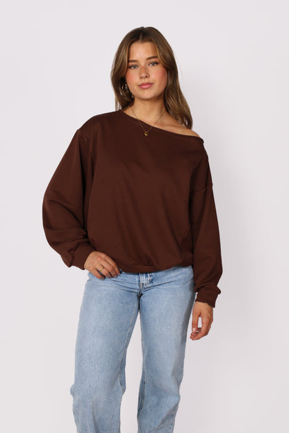 LEAH OFF SHOULDER SWEATER - BROWN