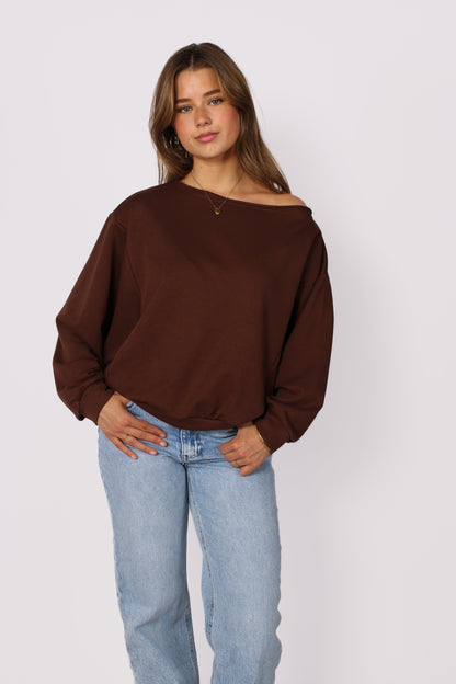 LEAH OFF SHOULDER SWEATER - BROWN
