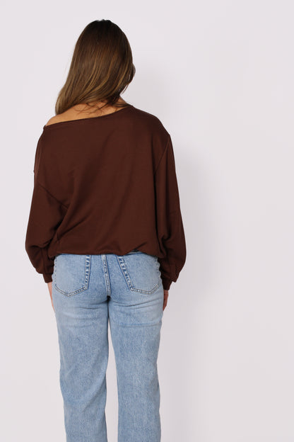 LEAH OFF SHOULDER SWEATER - BROWN