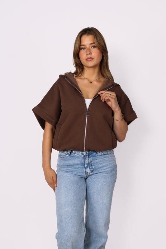 SLEEVELESS HOODIE - BROWN
