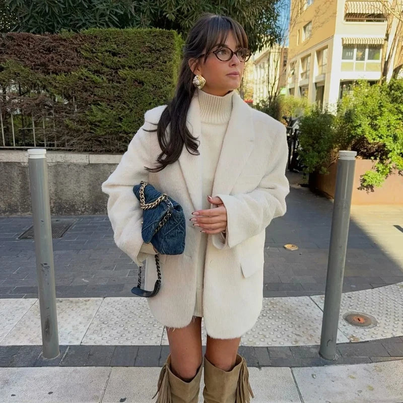 ZIOZIA Faux Fur Blazer – Beige