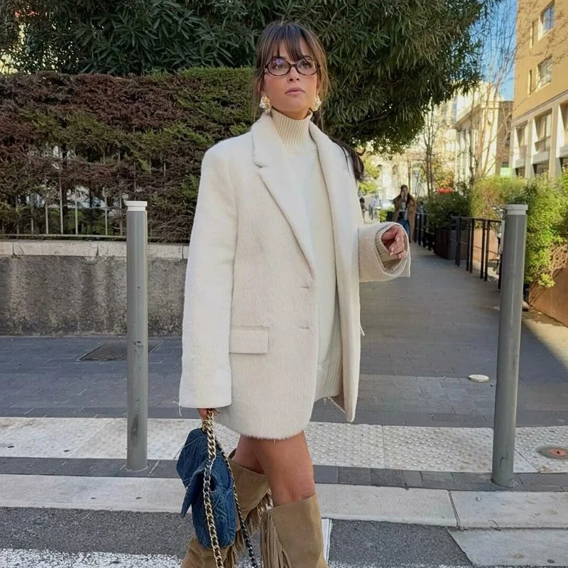 ZIOZIA Faux Fur Blazer – Beige